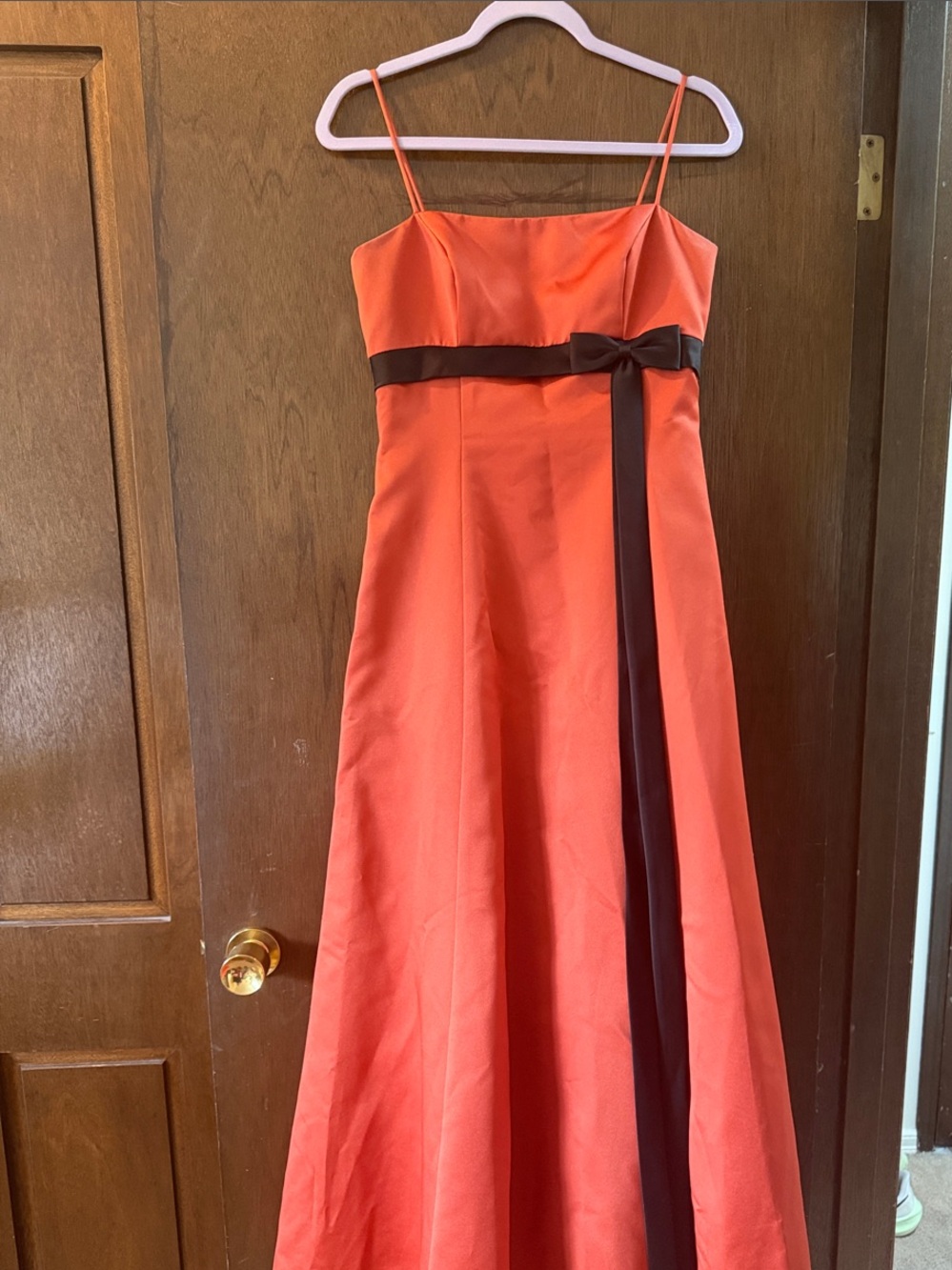 Alfred Angelo Orange Spaghetti-Strap Prom Dress with Brown Sash